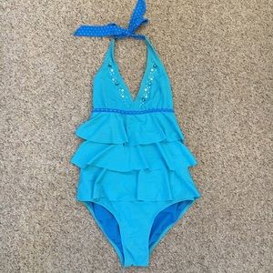 Justice Bright Blue Ruffled One Piece Swim Suit